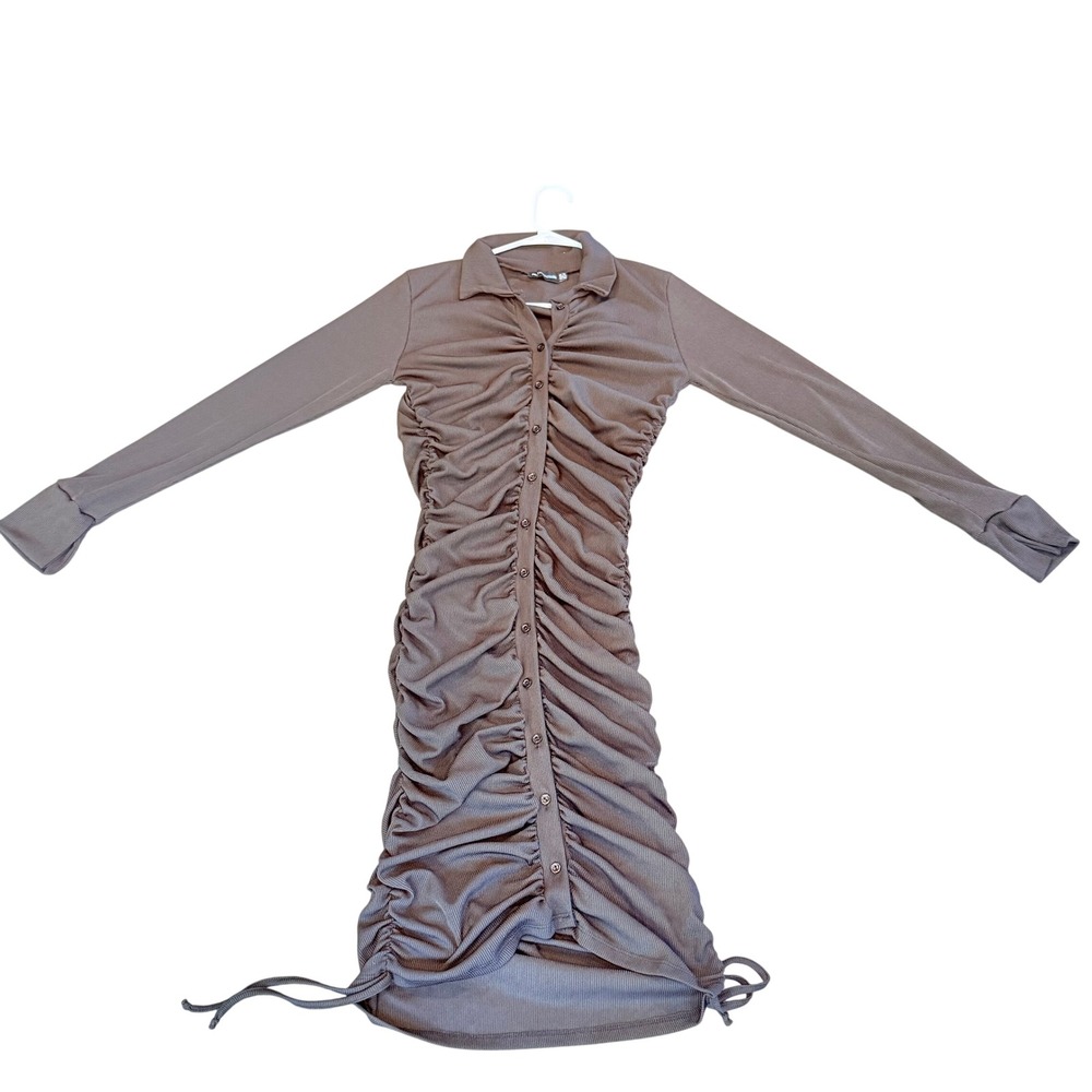 PrettyLittleThing US 6 Brown Ruched Bodycon Midi Dress Long Sleeve Button Front